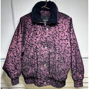London Fog Women's Purple Black Filigree Zip Up Jacket Winter Coat Size S Liner